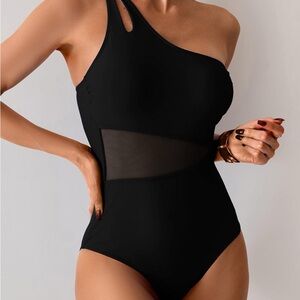 Chic Black One-Shoulder Swimsuit with Mesh Detail